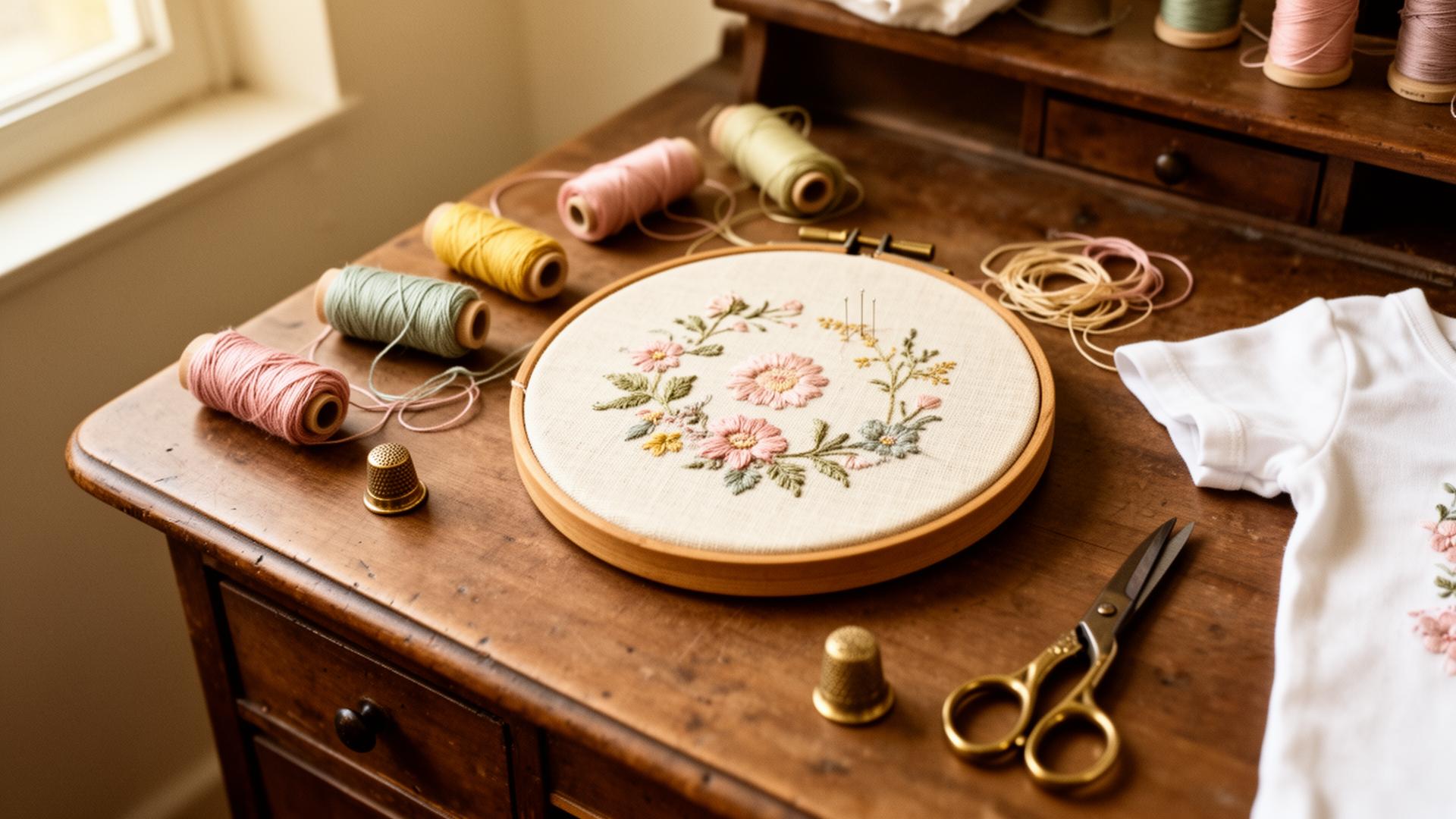 The DM Custom Designs studio: embroidery hoop, threads and tools on a vintage desk