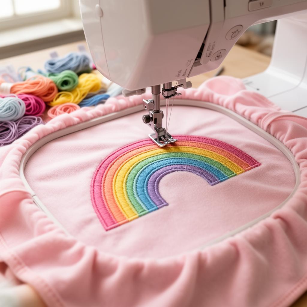 Embroidery machine stitching a colourful rainbow applique design onto a soft pink baby blanket