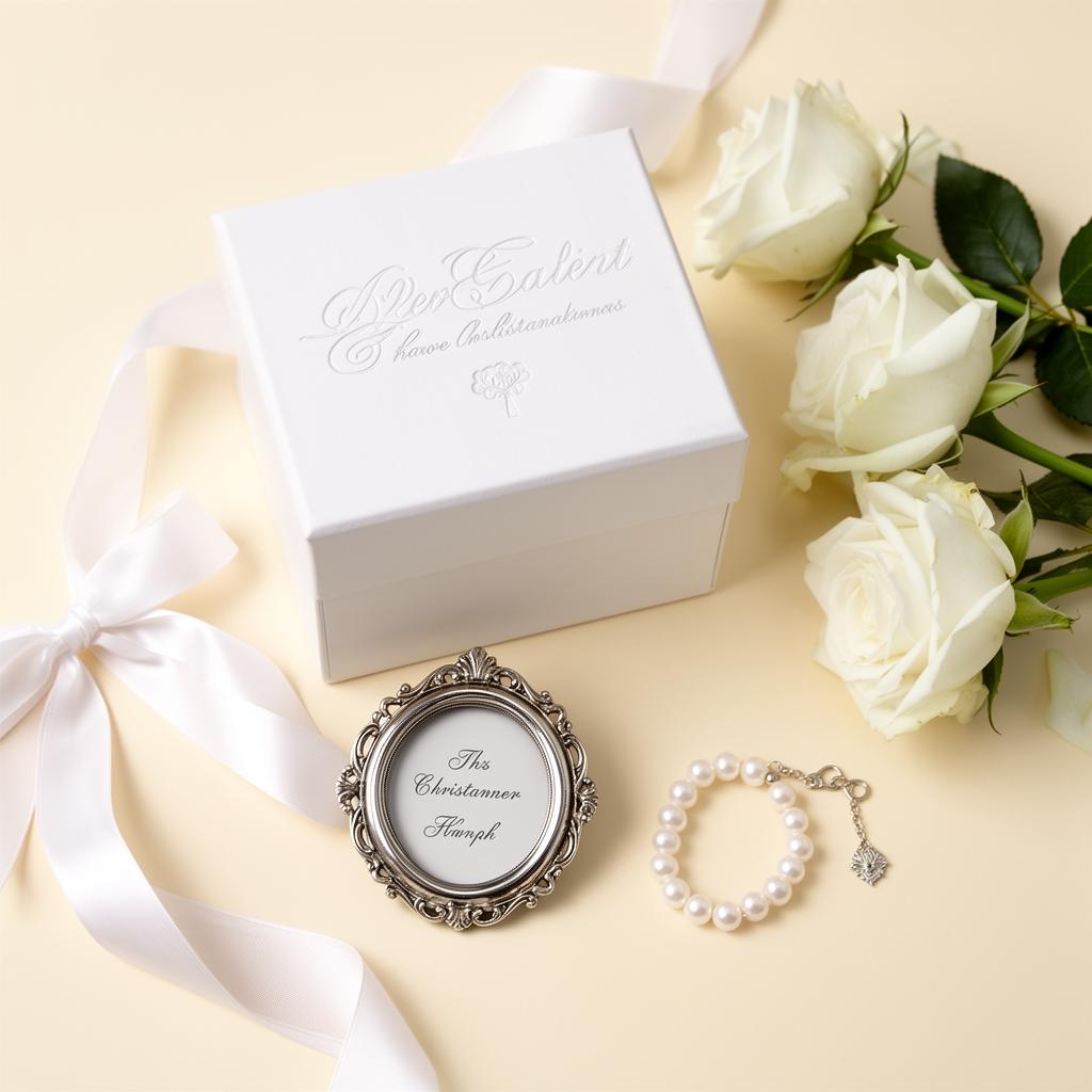 Elegant white personalised christening keepsake box with silver photo frame, white roses and pearl bracelet