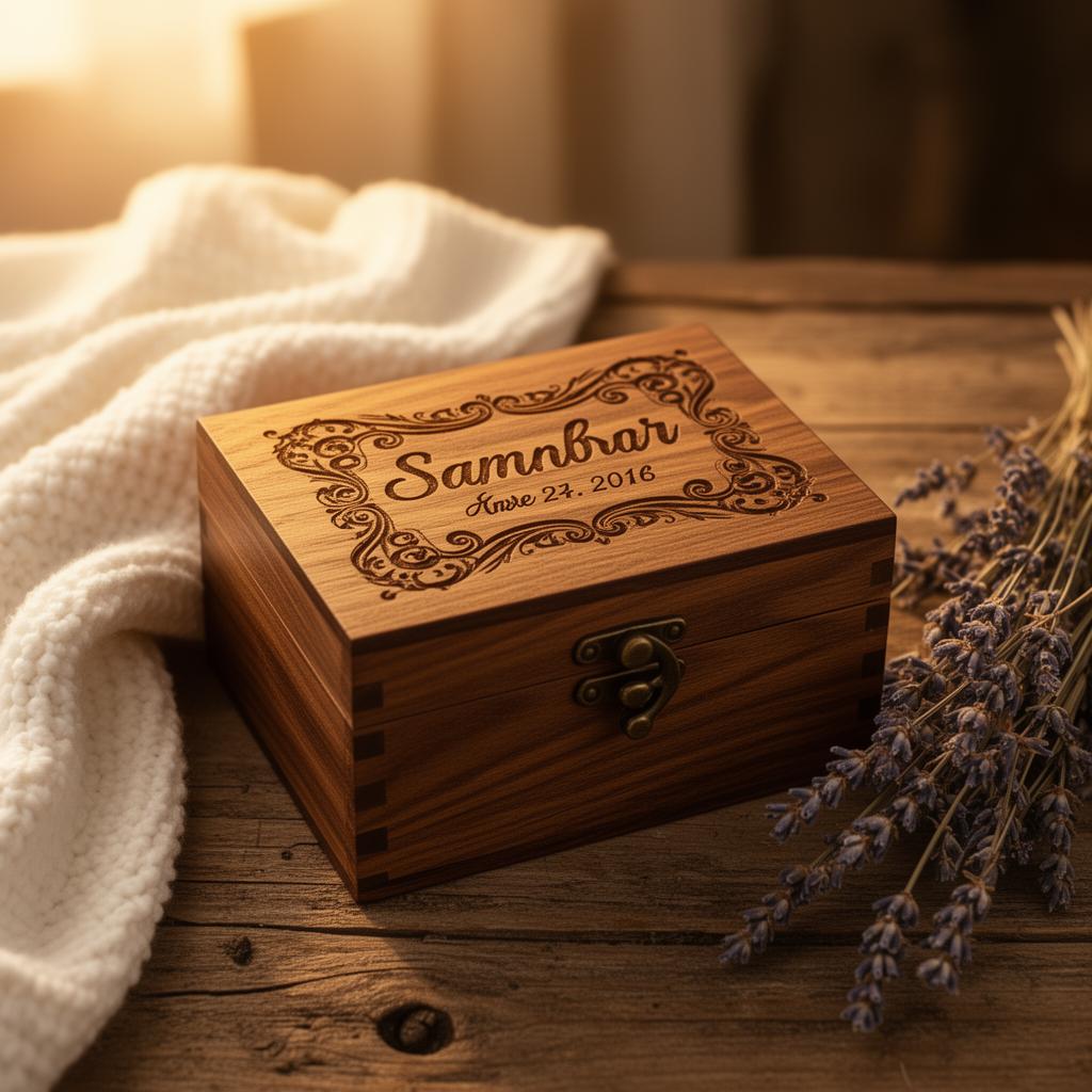 Laser-engraved wooden keepsake box on a rustic table with white knitted blanket and dried lavender