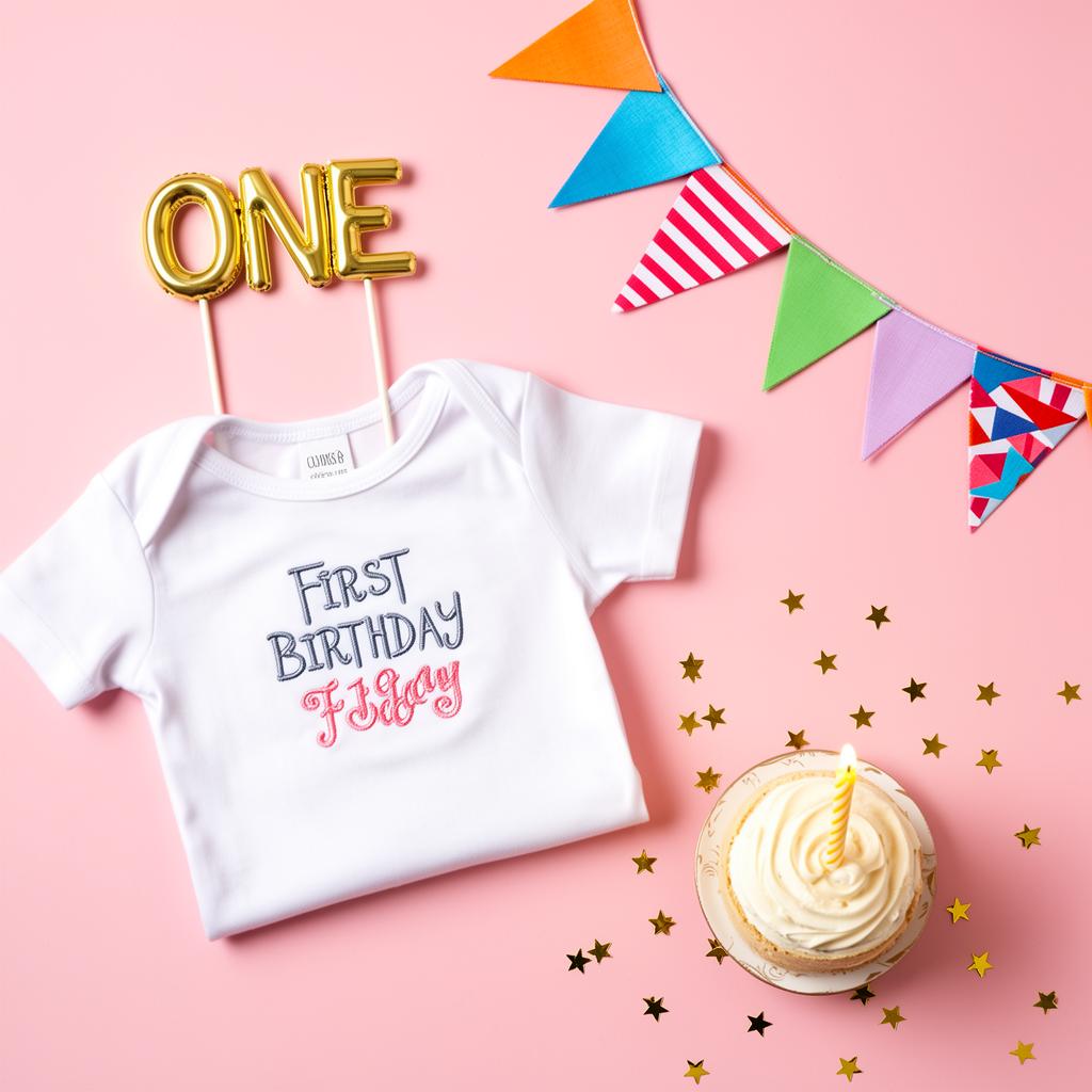 Personalised white first birthday t-shirt with ONE balloon topper, bunting and a cupcake on a pink background